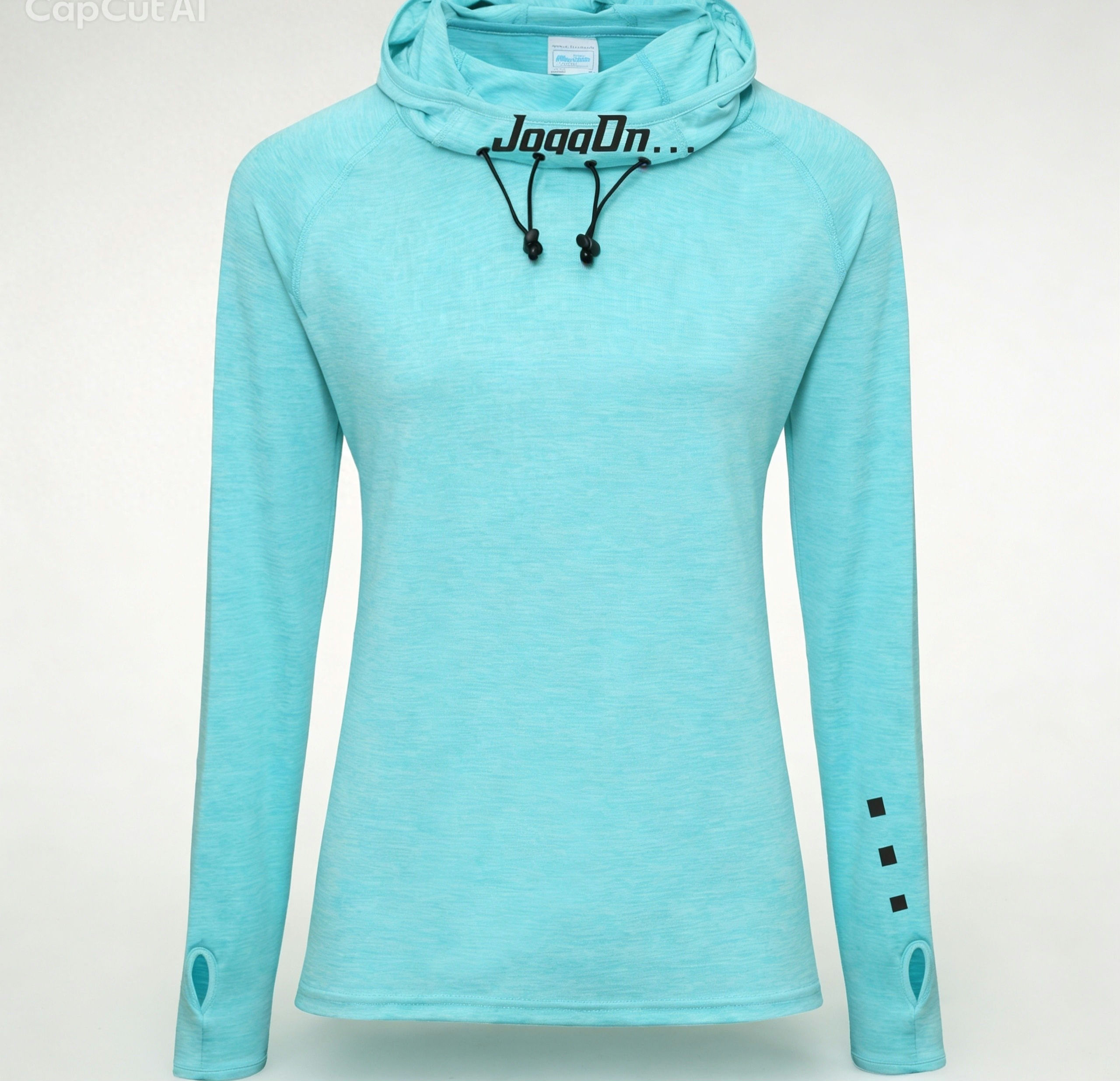 Turquoise flow cowl neck long sleeve top with drawstrings