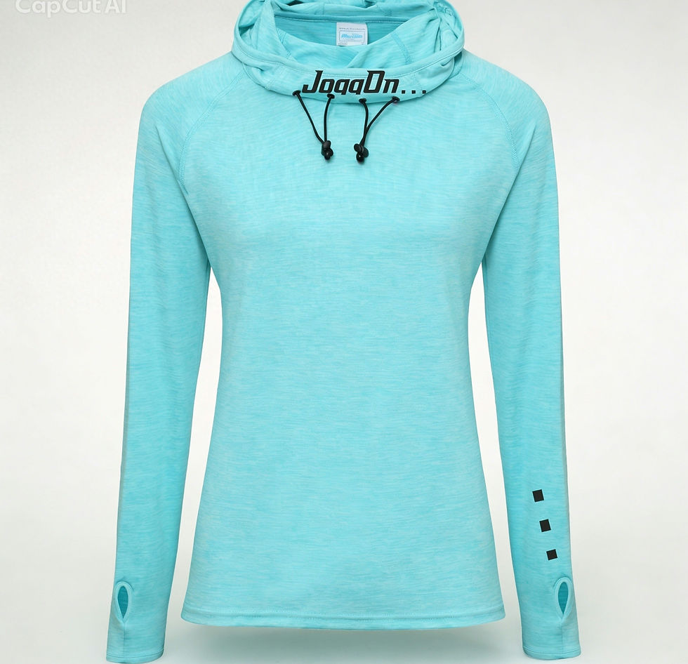 Turquoise flow cowl neck long sleeve top with drawstrings