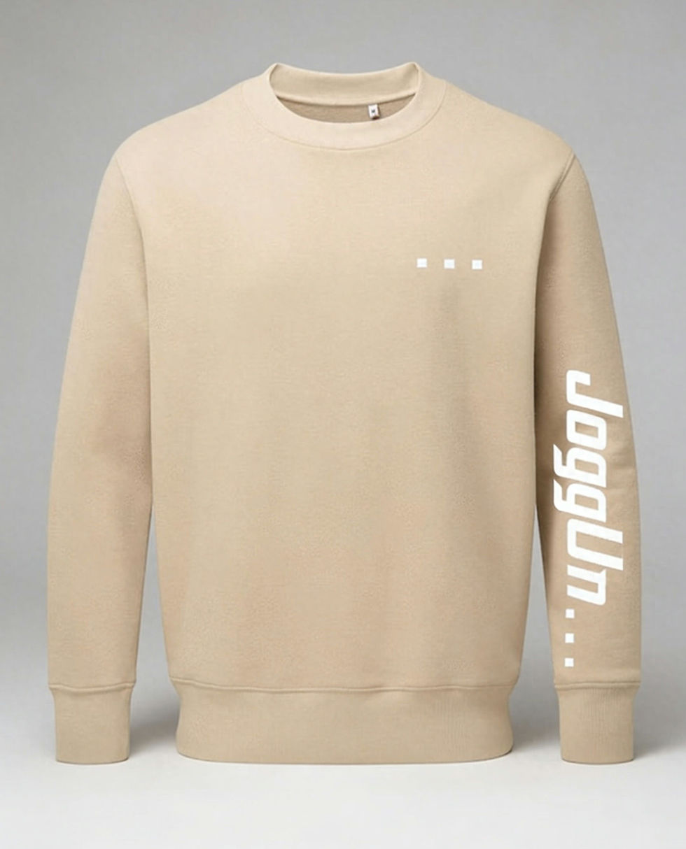 Beige Heavy Sweater with Jagglin text on the sleeve.