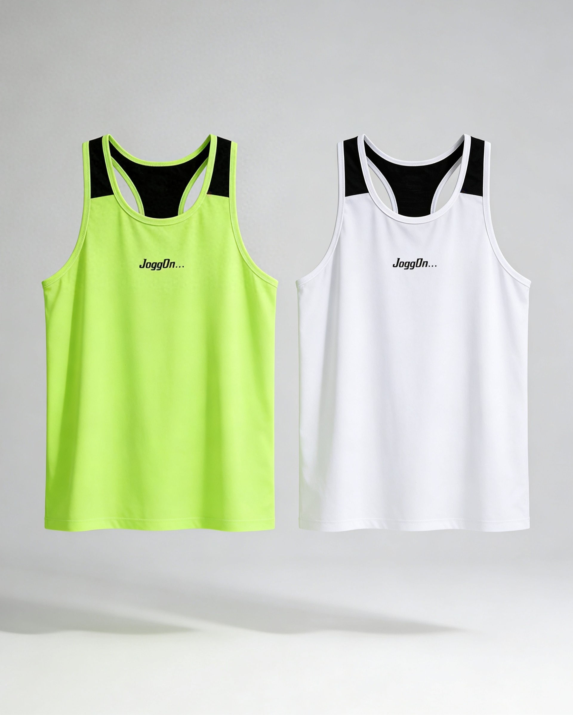Neon yellow and white Drift Vest racerback tanks.