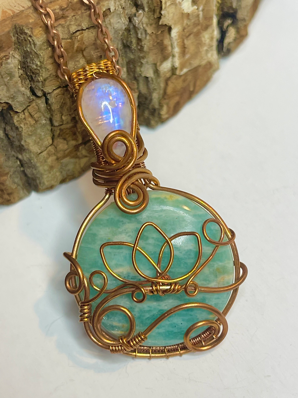 Thumbnail: Amazonite + Rainbow Moonstone Copper Necklace