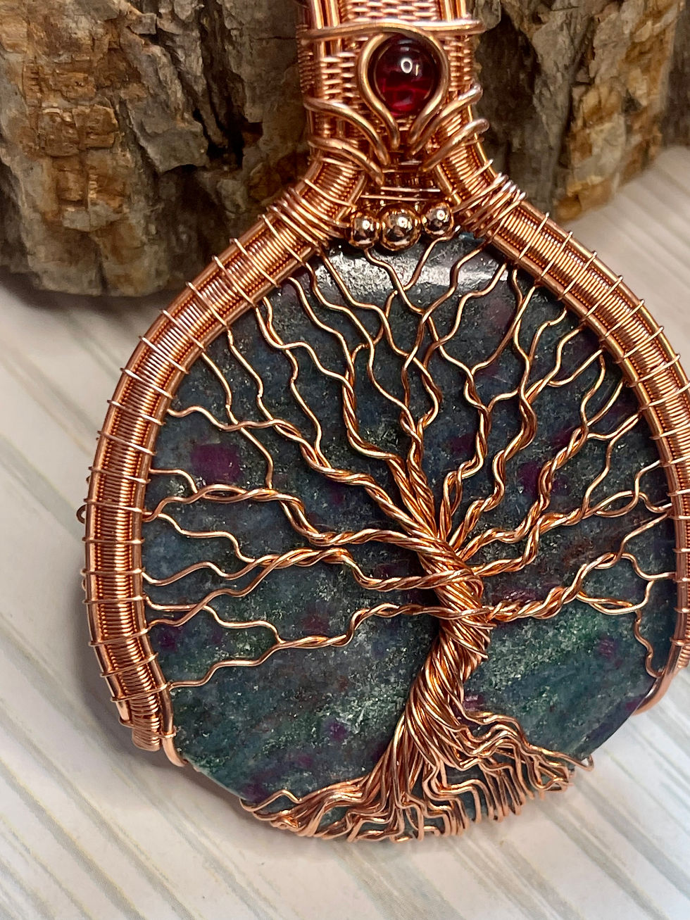 Thumbnail: Ruby, Fuchsite, & Kyanite With Garnet Tree Of Life Necklace 