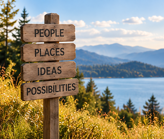 A wooden signpost pointing to people, places, ideas, and possibilities