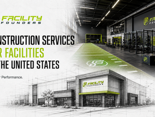 Architectural construction services graphic featuring a modern sports and fitness facility, indoor turf training space, strength equipment, blueprint-style building sketch, and Facility Founders branding for facility construction services in the United States.