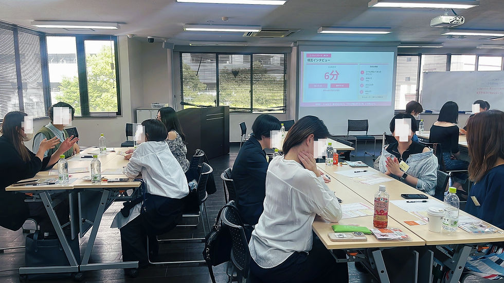 会議室で複数の人がテーブルに座り、ディスカッション中。背景にプロジェクター画面「6分」。カジュアルな雰囲気。