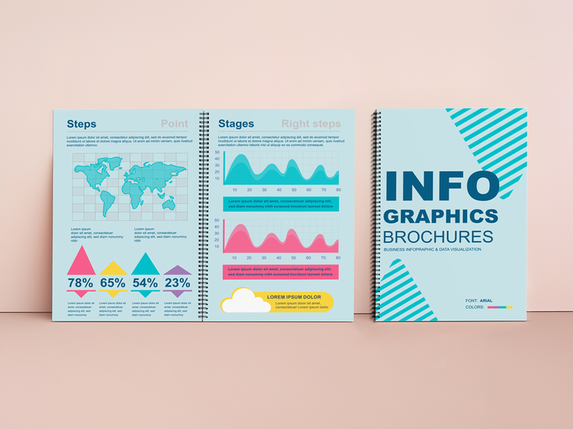 Two light blue booklets, one open with wire binding displaying infographics, charts, and text, the other closed with the title "INFO GRAPHICS BROCHURES" and a striped design.