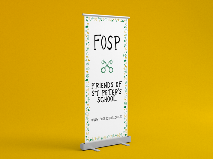 A white roll-up banner with a decorative border, displaying the acronym "FOSP", crossed keys graphic, "Friends of St Peter's School" text, and a website address.