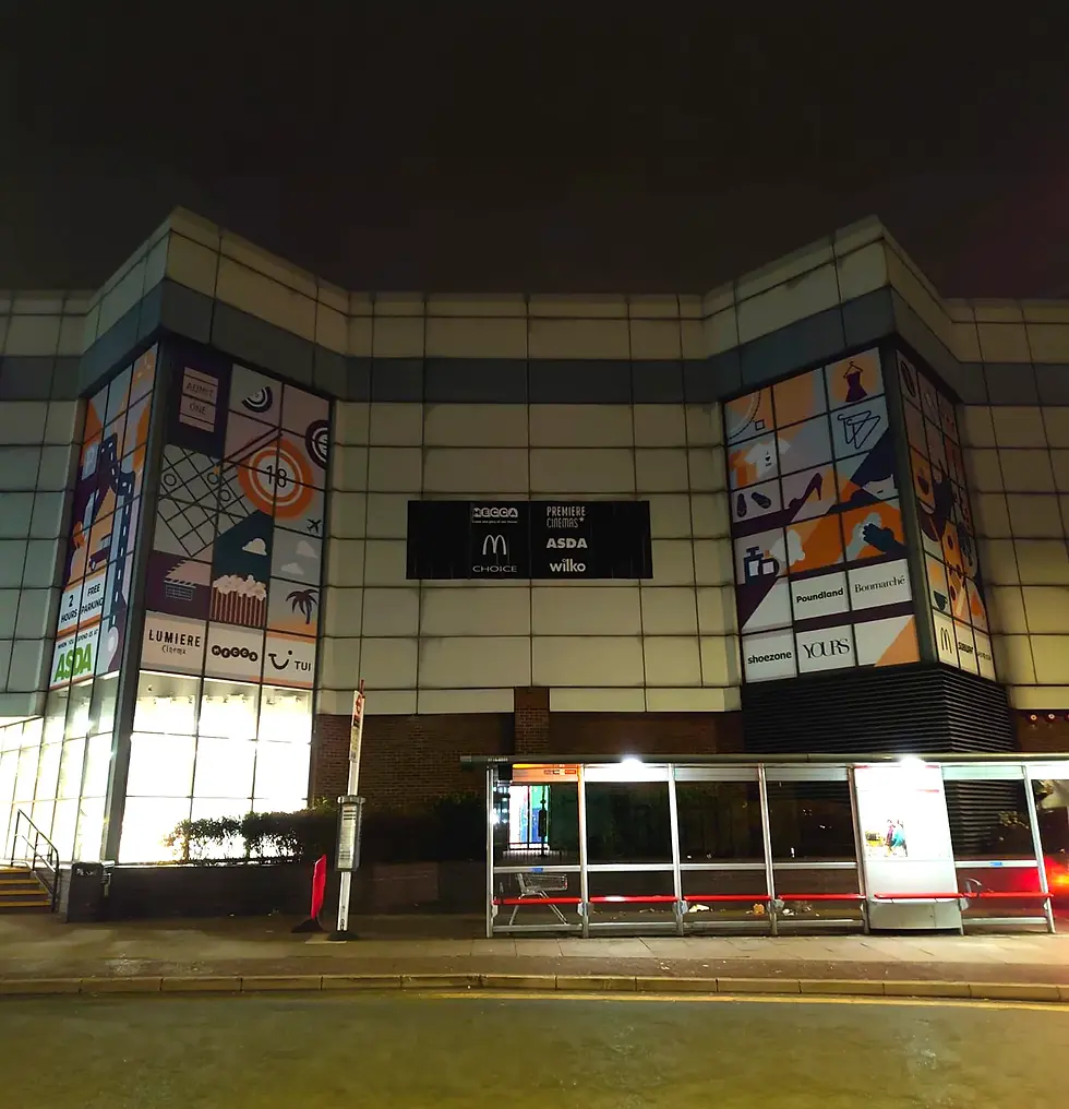 External building graphics installed at Mercury Mall as part of a large-scale shopping centre branding project.