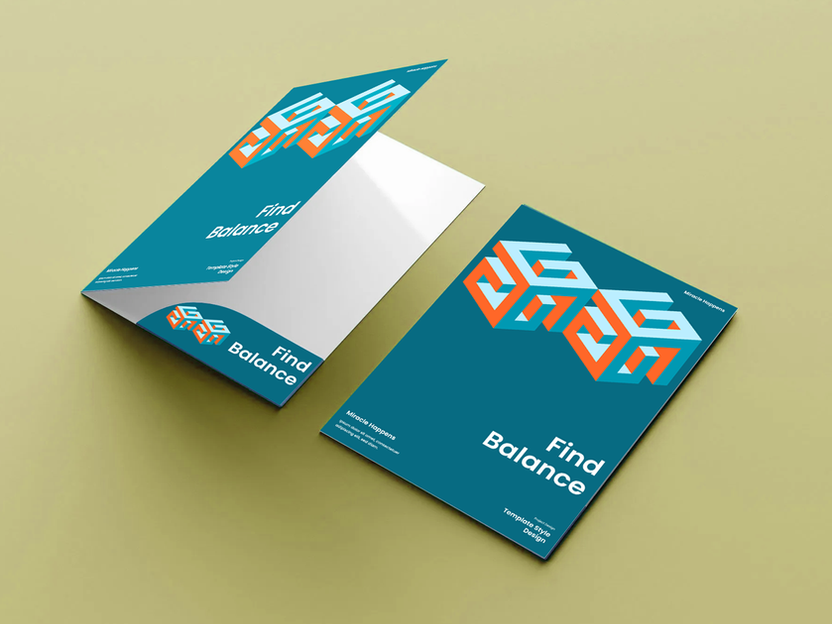 Two teal blue folders, one open and one closed, featuring an abstract geometric logo in orange and light blue, and the text "Find Balance".