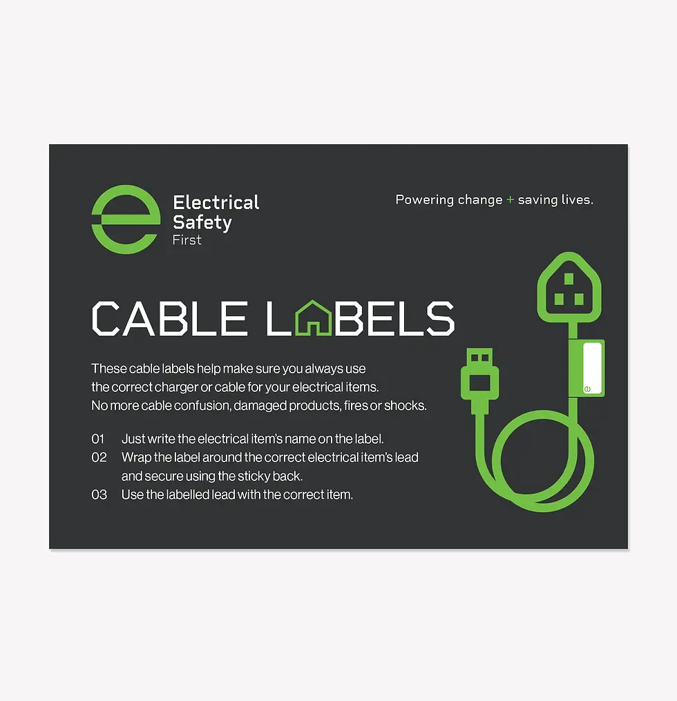 Electrical Safety First cable labels envelope with instructions for labelling electrical leads