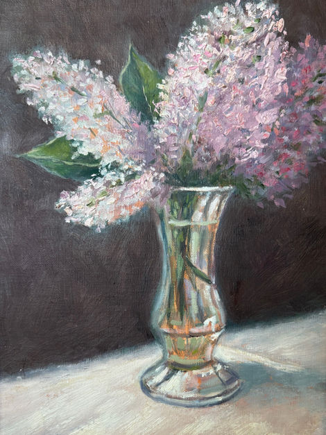 Lilac bouquet in glass vase painting