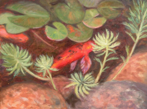 Koi fish painting: orange fish among aquatic plants