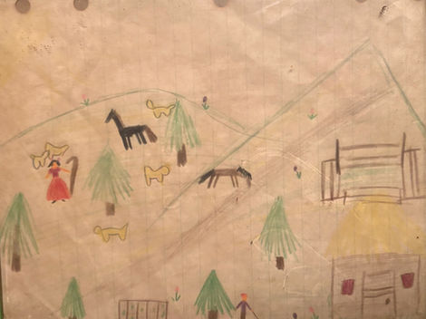 Child's drawing: horses, dogs, trees, houses