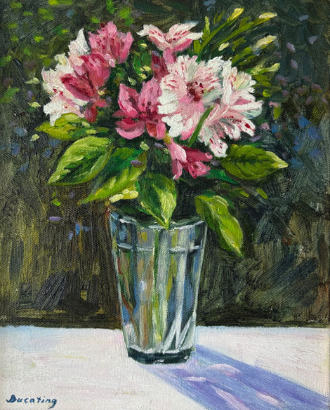 Pink and white flowers in glass vase painting
