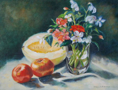 Still life painting: flowers, melon, apples