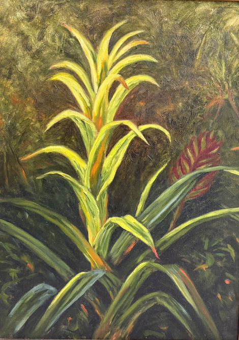 Painting of vibrant yellow and green bromeliads