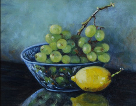 Green grapes and lemon in blue bowl, still life painting