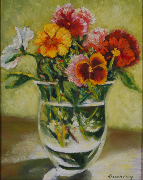 Vibrant floral still life painting in a glass vase