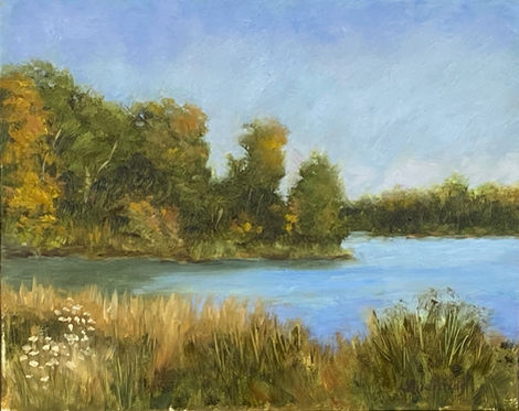 Autumnal landscape painting: trees, lake, grasses