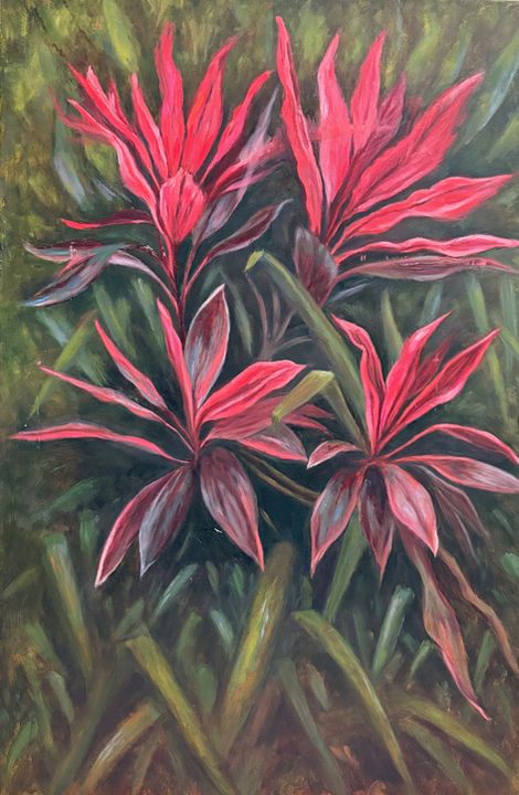 Vibrant red Cordyline leaves, painting