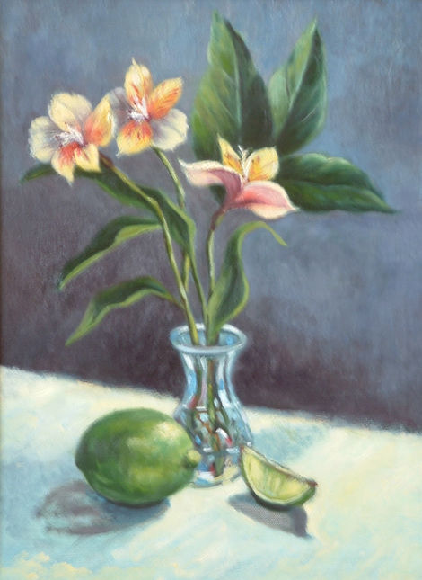 Floral still life painting: Alstroemeria flowers and lime