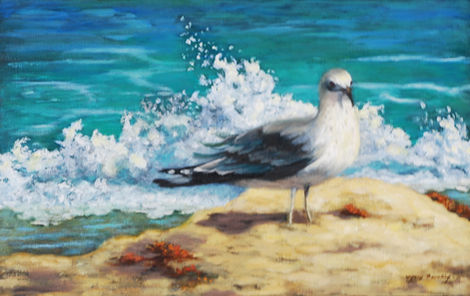 Seagull near ocean wave, fine art