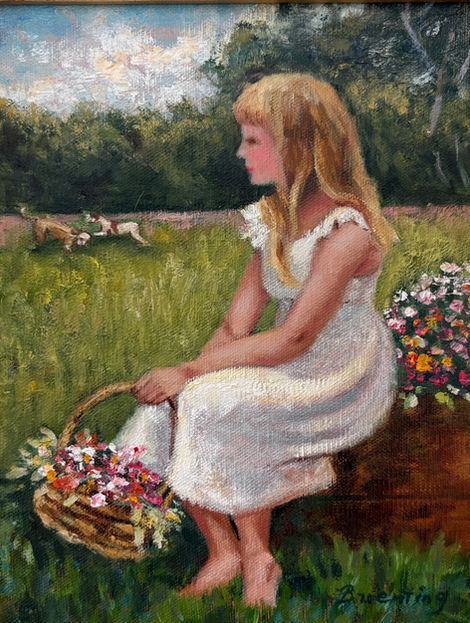 Girl in white dress holds flower basket, pastoral scene