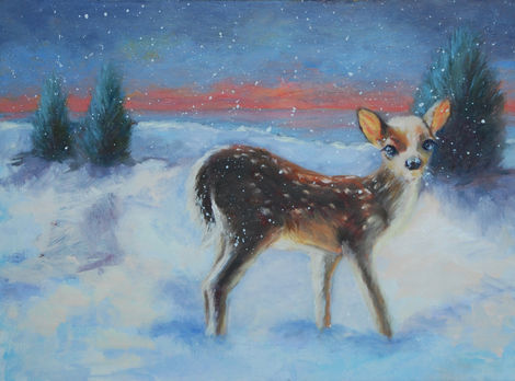 Fawn in snowy landscape, winter scene