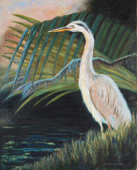 Great Blue Heron painting, serene water scene