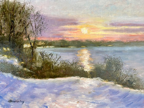 Winter sunset landscape painting, snow-covered scene