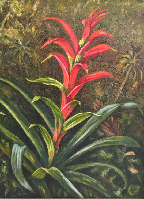 Vibrant red bromeliad painting, lush green foliage