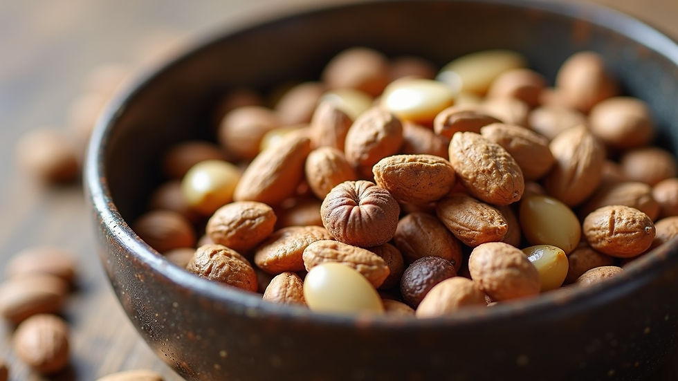 Close-up view of a bowl of mixed nuts and seeds rich in omega-3 and vitamins