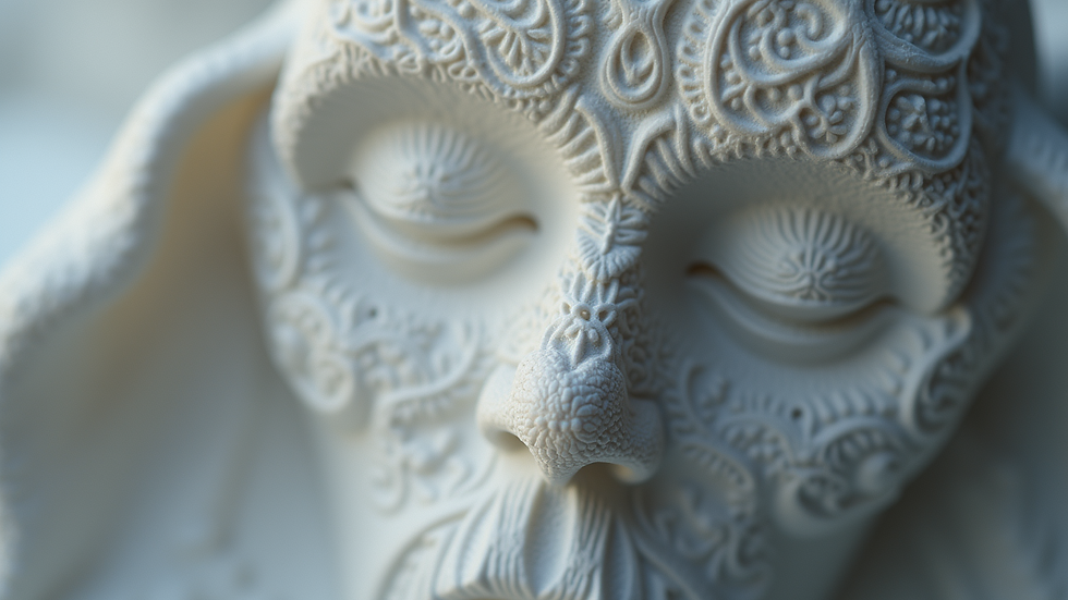 Close-up view of a detailed 3D printed sculpture showing intricate geometric patterns