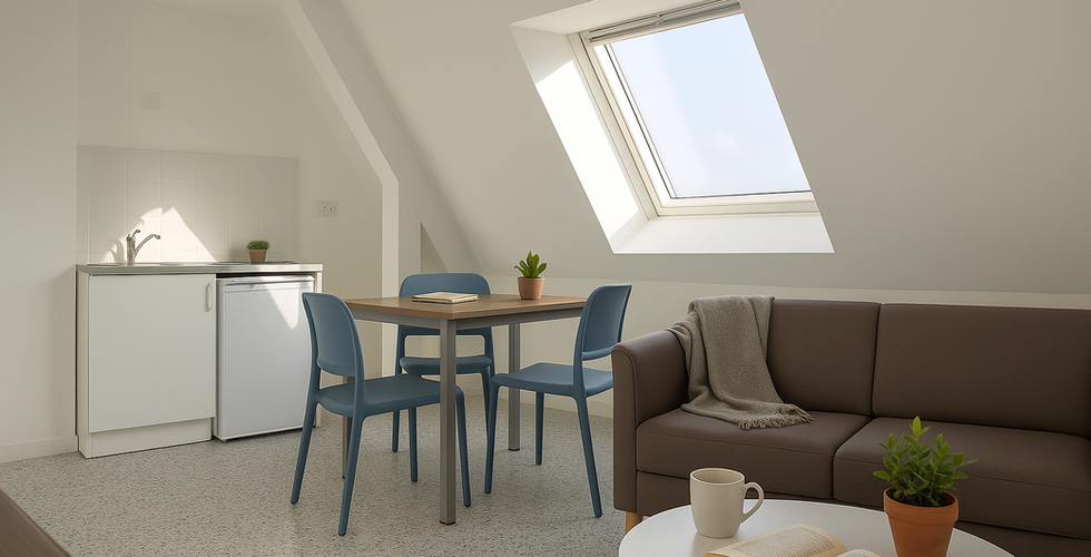 Intérieur d'un appartement T2 meublé à La Maison des Salines, La Trinité-sur-Mer : séjour lumineux sous combles avec coin cuisine équipée, table à manger et espace salon confortable.