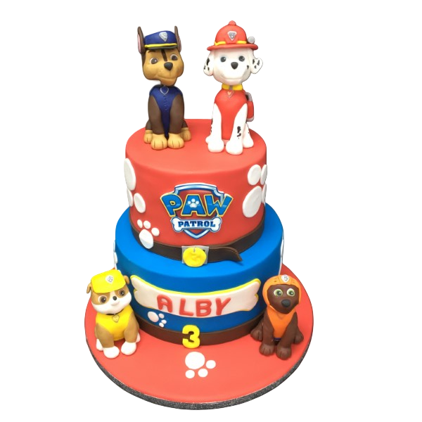 A colourful and vibrant Paw Patrol-themed cake perfect for a children's birthday celebration. The cake features popular characters from the Paw Patrol series in a fun and eye-catching design.