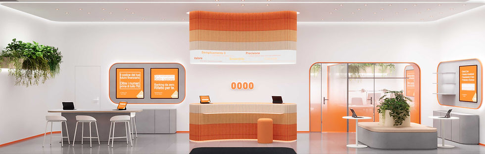Reception avvolgente e illuminazione integrata per ufficio servizi finanziari