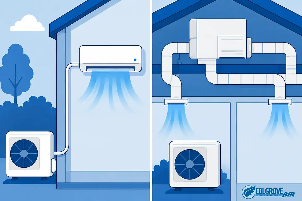 illustration-ductless-heat-pump-vs-ducted-heat-pump-showing-wall-mounted-unit-and-central-duct-system-with-blue-airflow-and-outdoor-condensers-inside-two-house-sections