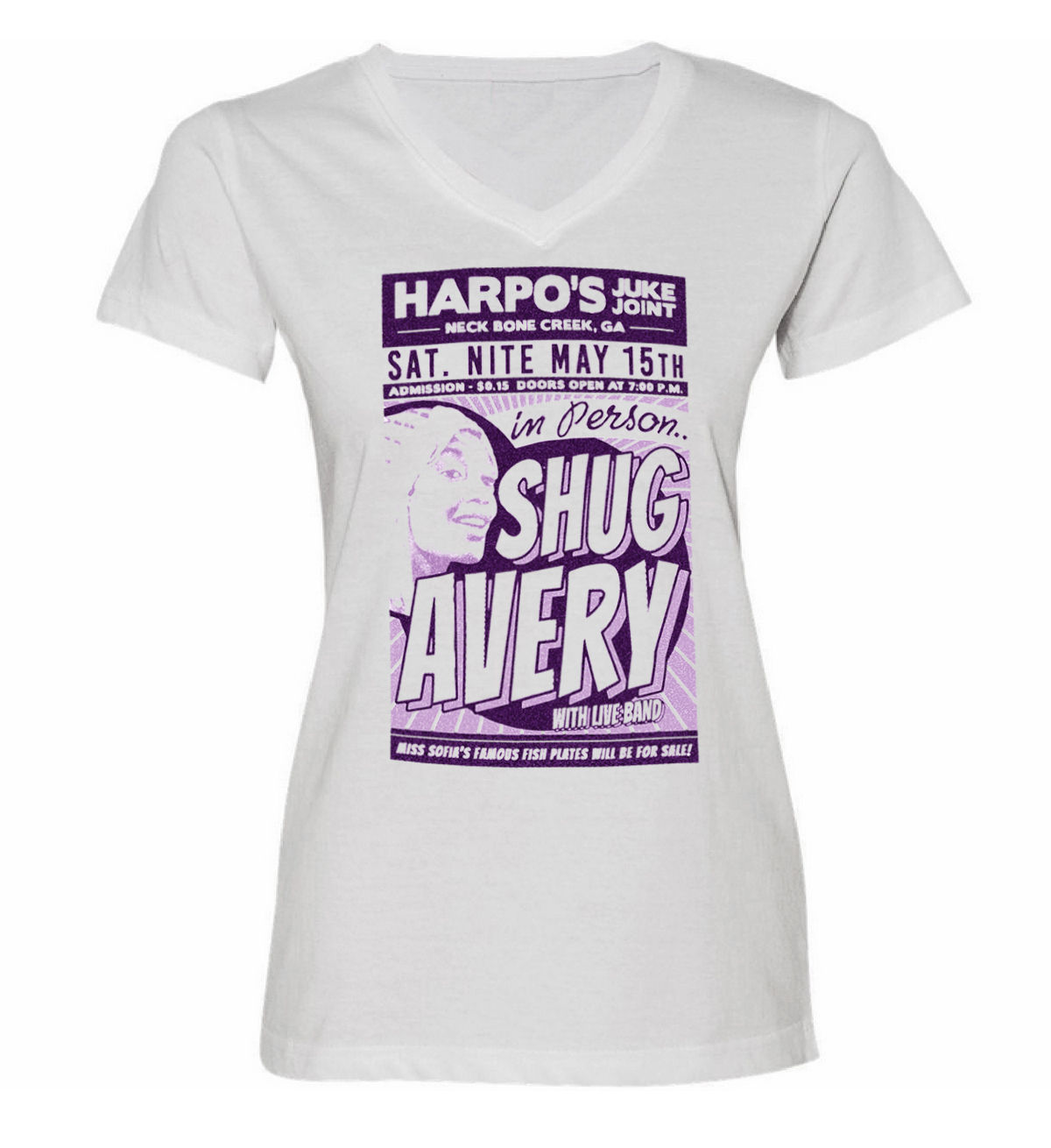 SHUG AVERY - LADIES WHITE V-NECK T-SHIRT
