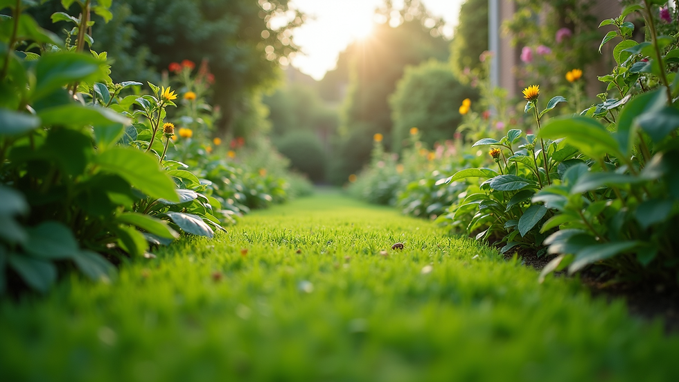 Eye-level view of a lush green garden with diverse plants