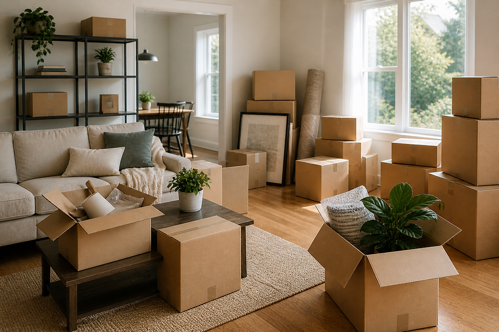 Professional residential moving service featuring a packed home with organized boxes and protected household belongings ready for relocation.