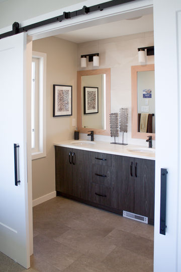 Brown double bathroom vanity with white countertop 
