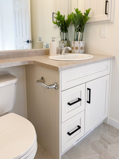 Beige bathroom vanity with beige countertop 