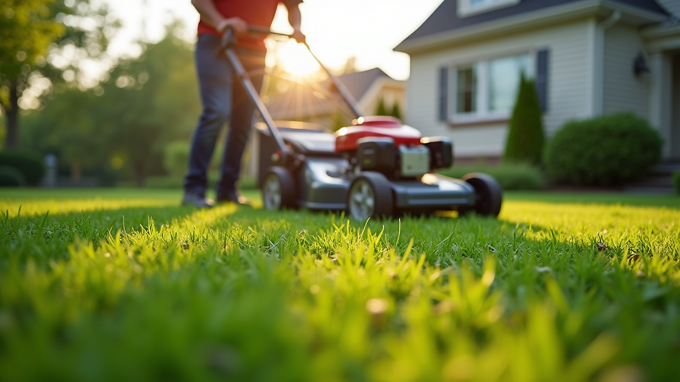Eye-level view of a lawn care professional mowing grass