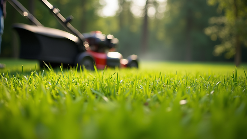 Close-up view of freshly cut grass with a lawn mower