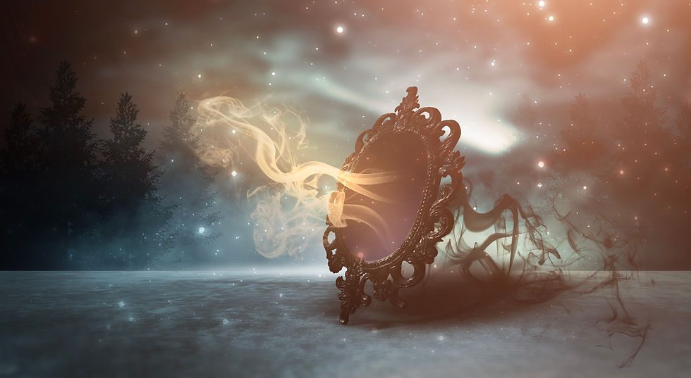 Dark night magic scene. Magic old mirror in a metal frame on a wooden tabletop. Smoke, mag