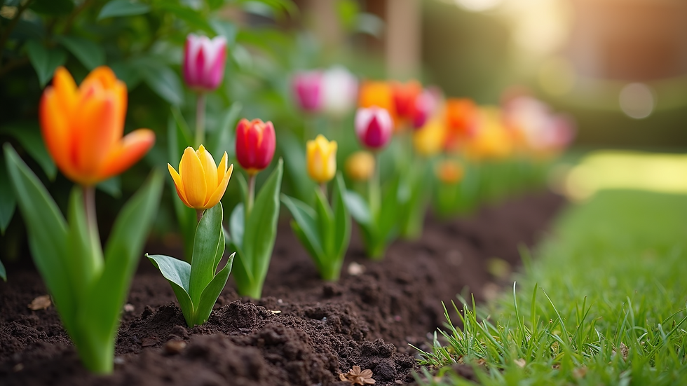 Close-up view of freshly mulched garden bed with new flowers