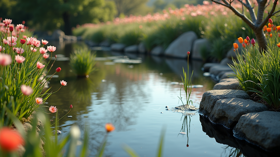 High angle view of a tranquil pond surrounded by spring flowers