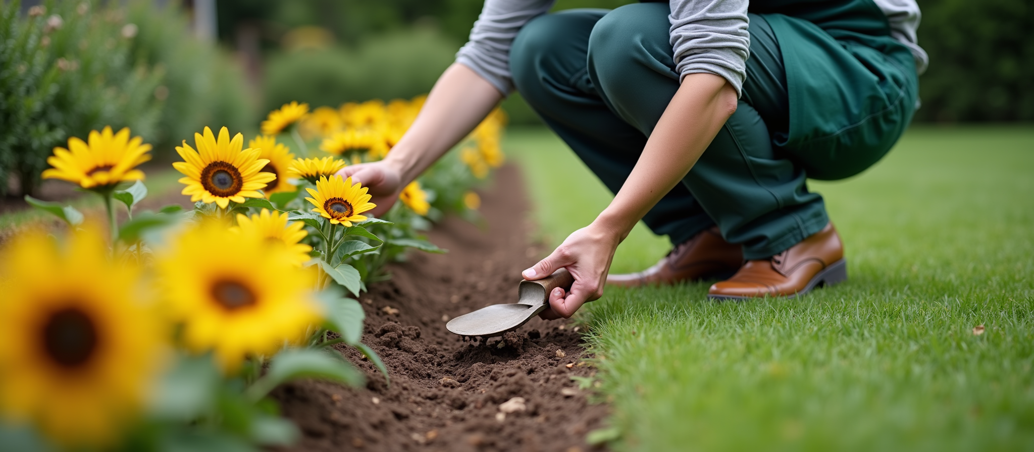 Gardener tending to yellow flowers