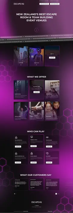 Escape HQ New Zealand escape room website design with dark purple gradient background, neon hexagon graphics, game locations, and customer reviews