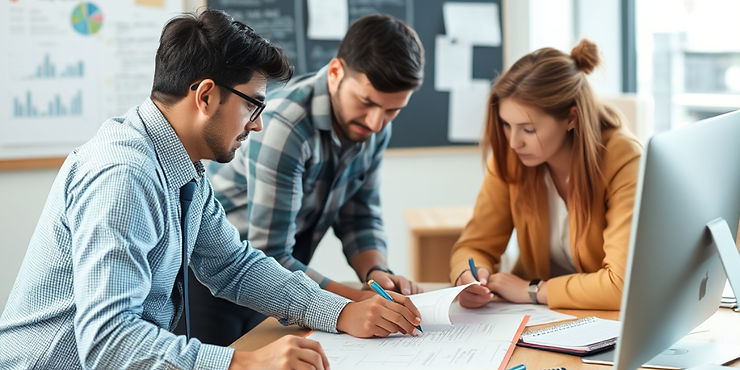 Team collaborating in a modern office, reviewing charts and planning strategies on how to create content that converts and drives business growth.